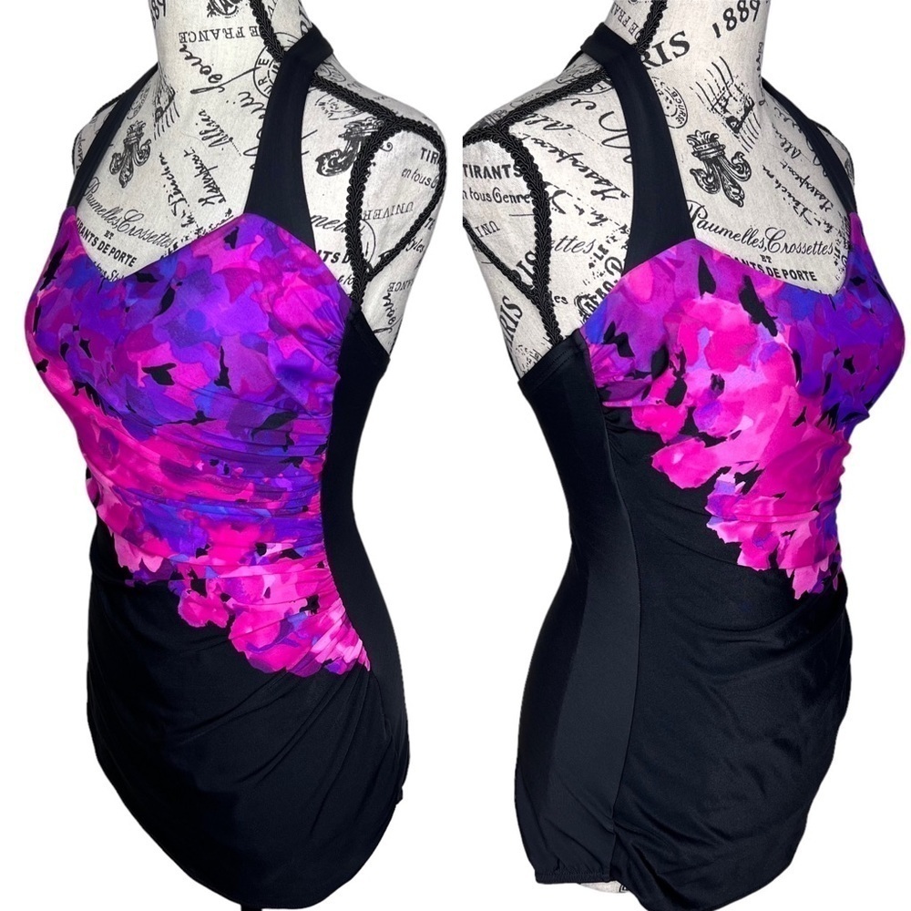 Lands' End Women's Black Pink Purple Floral Print One Piece Athletic Swimsuit 6 - Picture 4 of 15